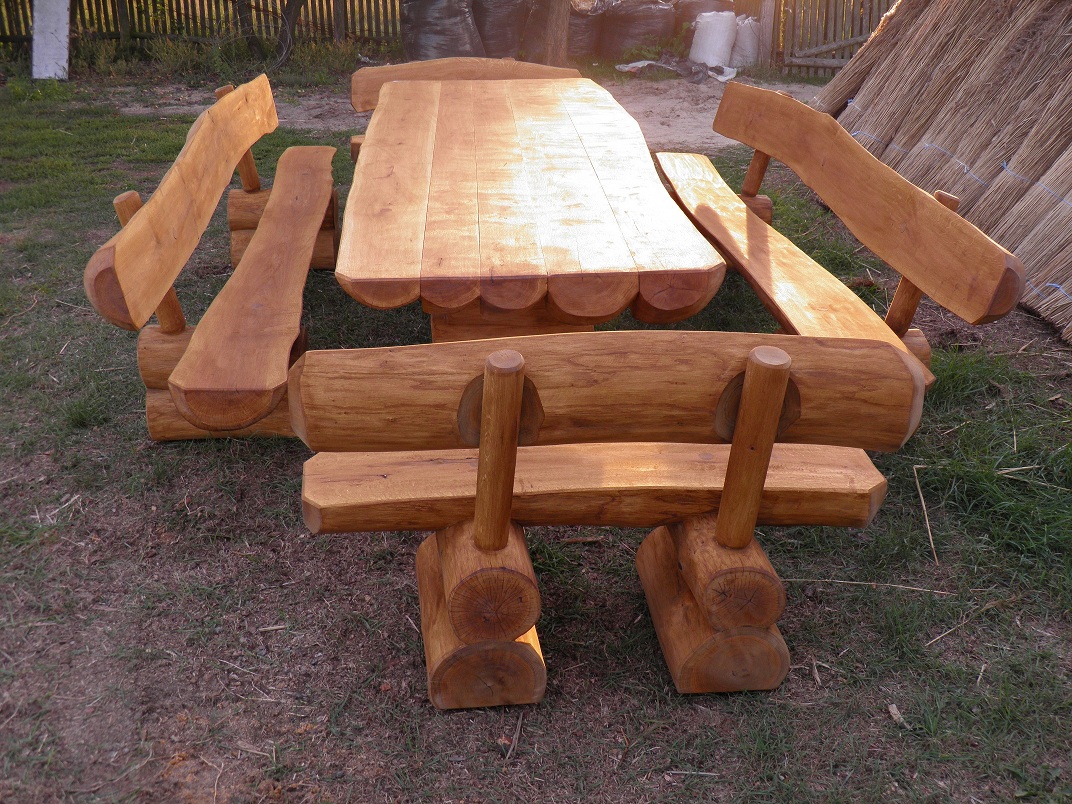 Meble ogrodowe drewniane – stół z ławkami, tartak Turek